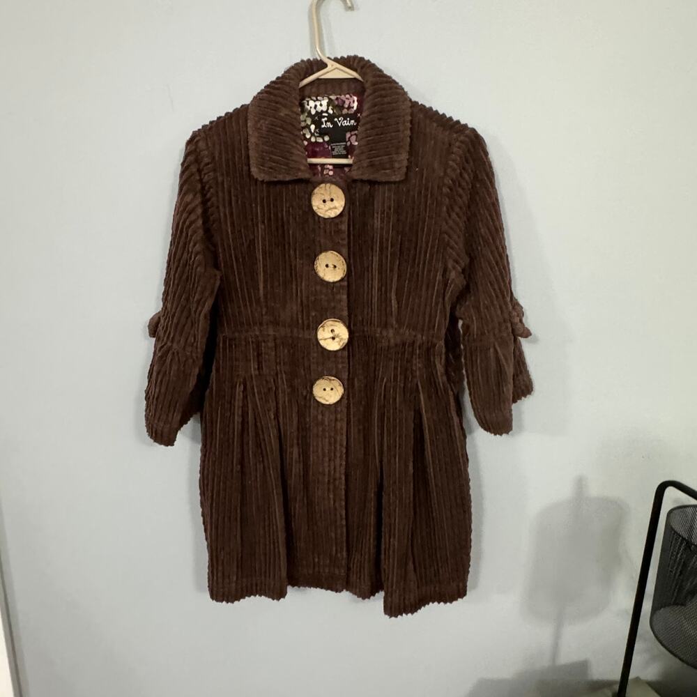 In Vain Brown 3/4 Sleeve Corduroy Pea Coat / Jacket Size XL Bell Sleeves
